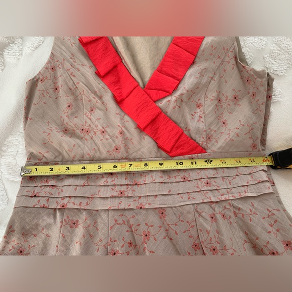 PTA Midi Dress A-line Skirt Surplus V-Neck Grey Beige Red Flowers Sleeveless L - Picture 9 of 11